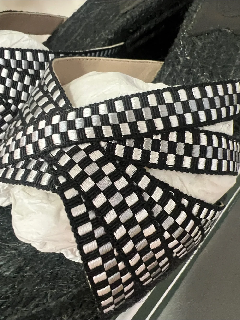 Stuart Weitzman Black Woven Espadrille Wedge Sandals with Checkerboard Straps